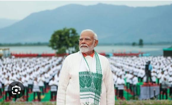Hon'ble Prime Minister of India Shri  Narendra Modi wears Gamosa of Assam on the event of  International Yoga Day, 2024.